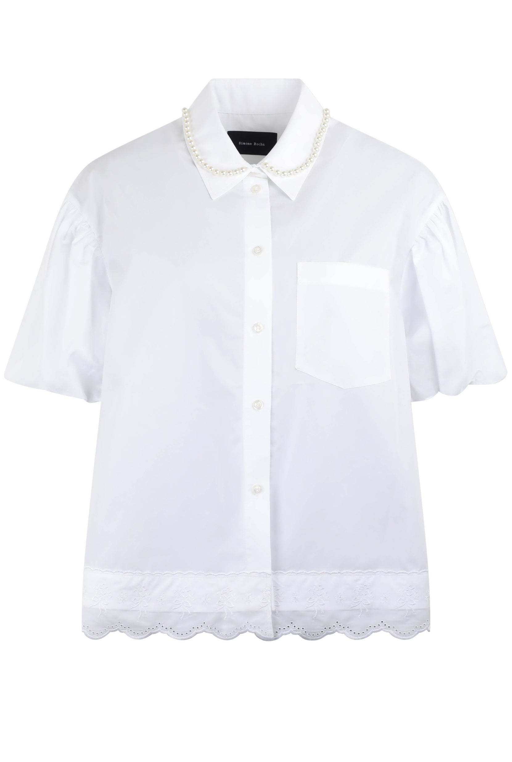CROPPED PUFF SLEEVE LACE TRIM SHIRT W/ EMB