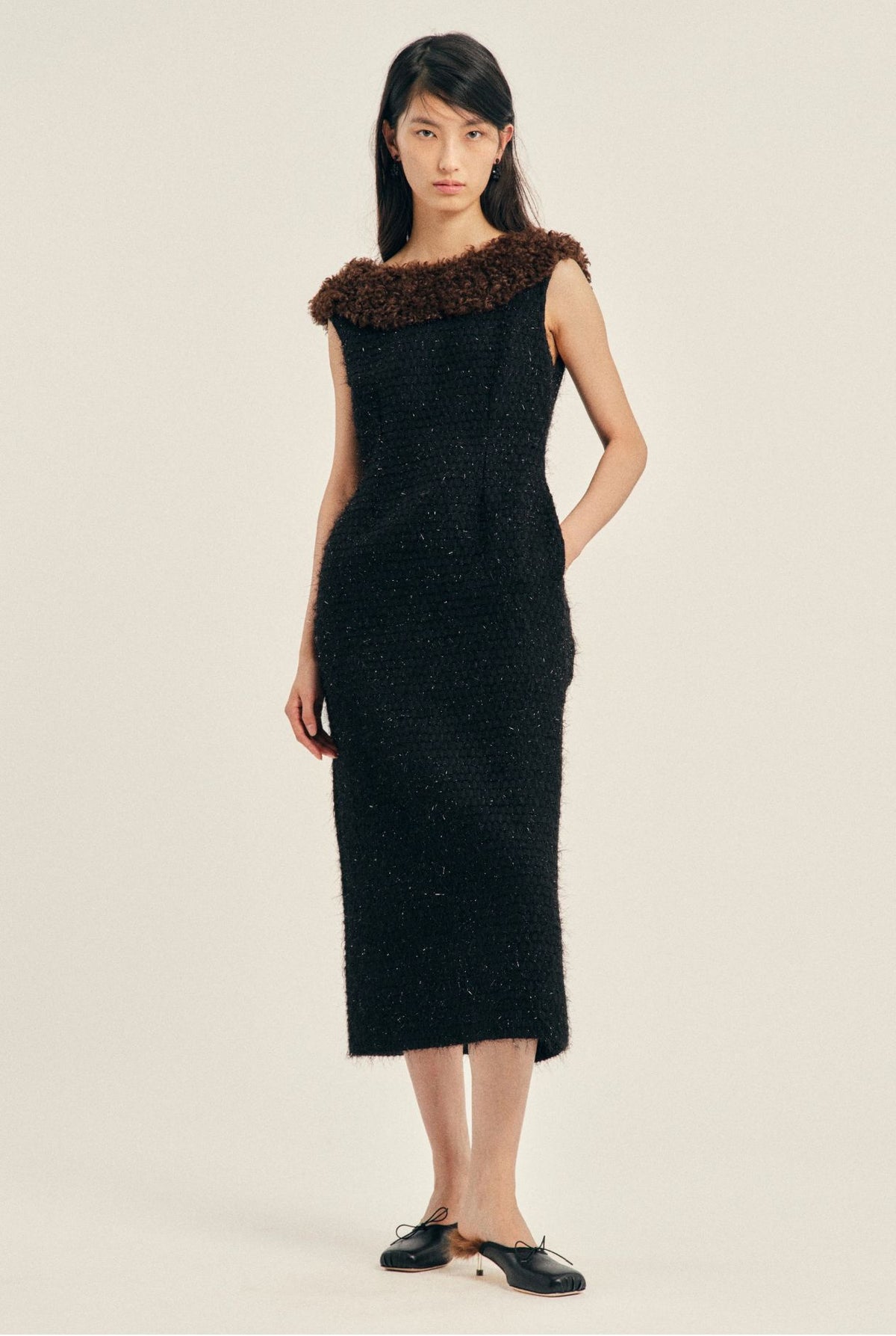 FAUX FUR DETAIL PORTRAIT DRESS W/ EMB