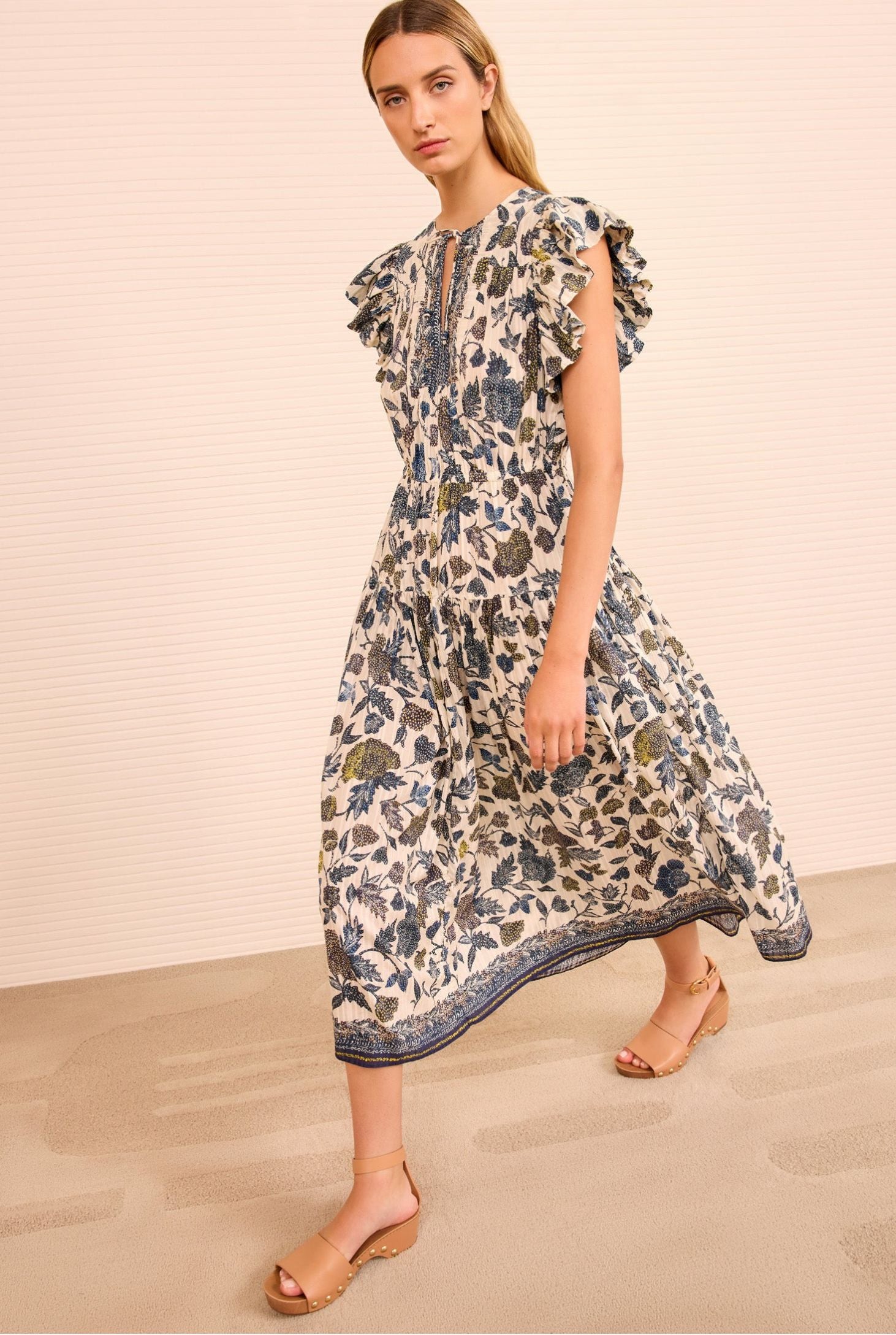 Kairi Flutter Sleeve Midi Dress Porcelain