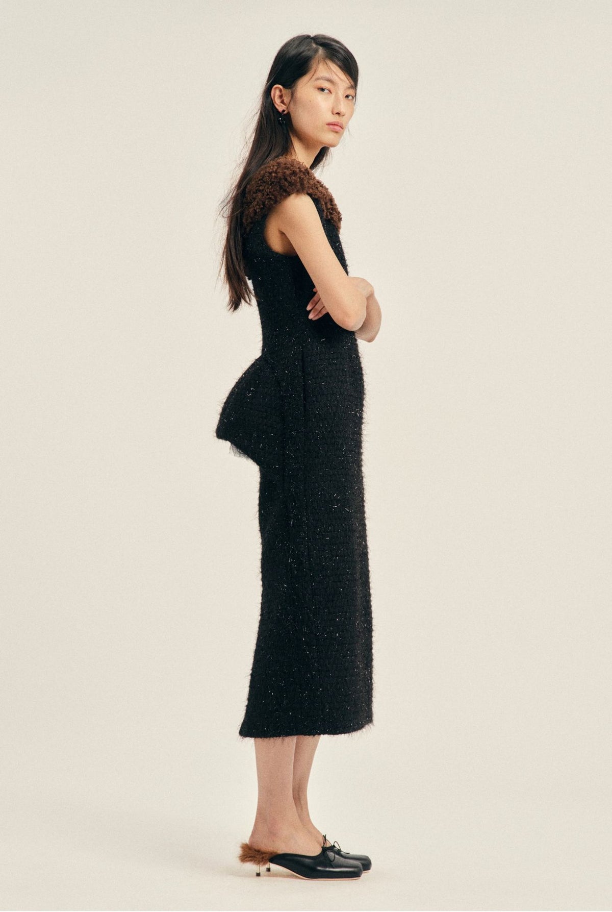 FAUX FUR DETAIL PORTRAIT DRESS W/ EMB