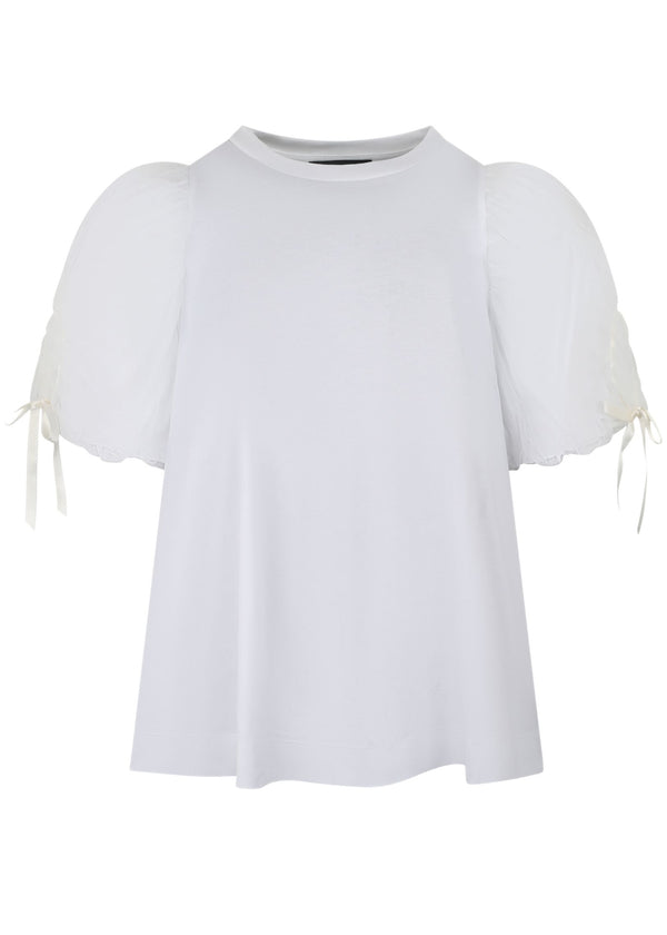 TULLE OVERLAY PUFF SLEEVE T-SHIRT W/ BOW