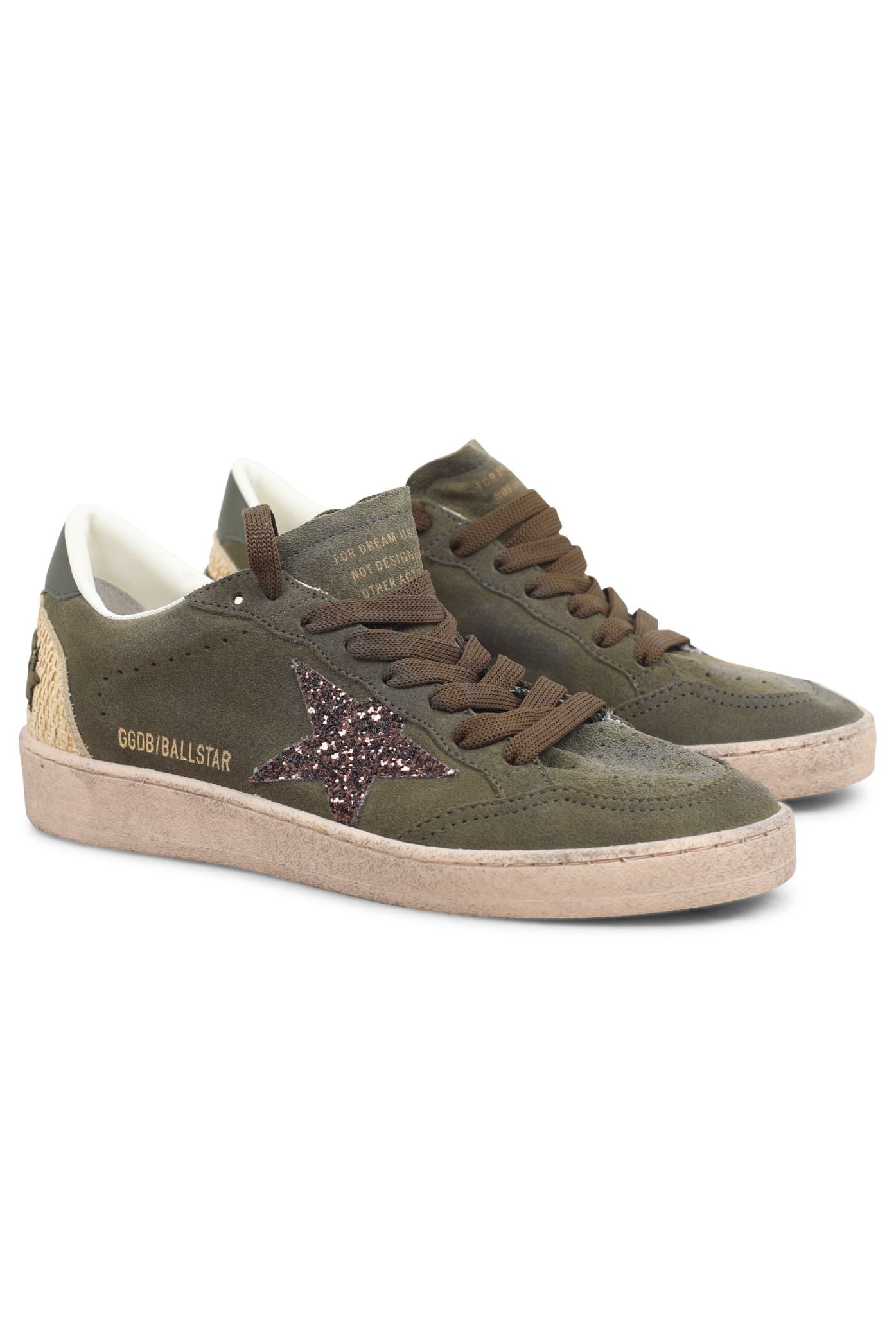 BALLSTAR SUEDE UPPER TOE AND TONGUE GLITTER STAR LEATHER HEEL RAFIA SPUR