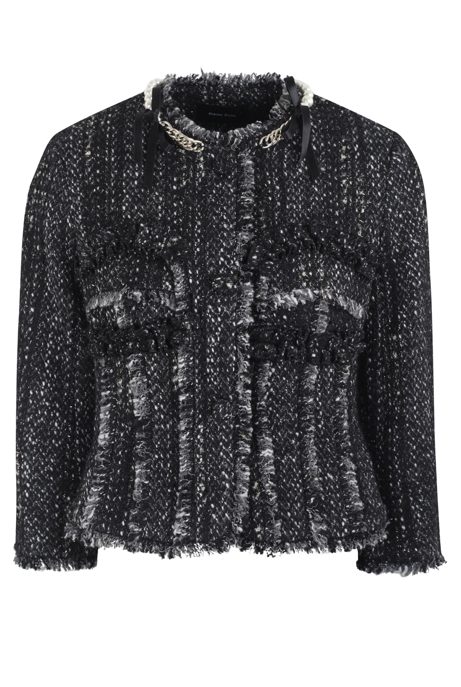 SCULPTED FRILL BUST DETAIL FRAY JACKET W/ EMB