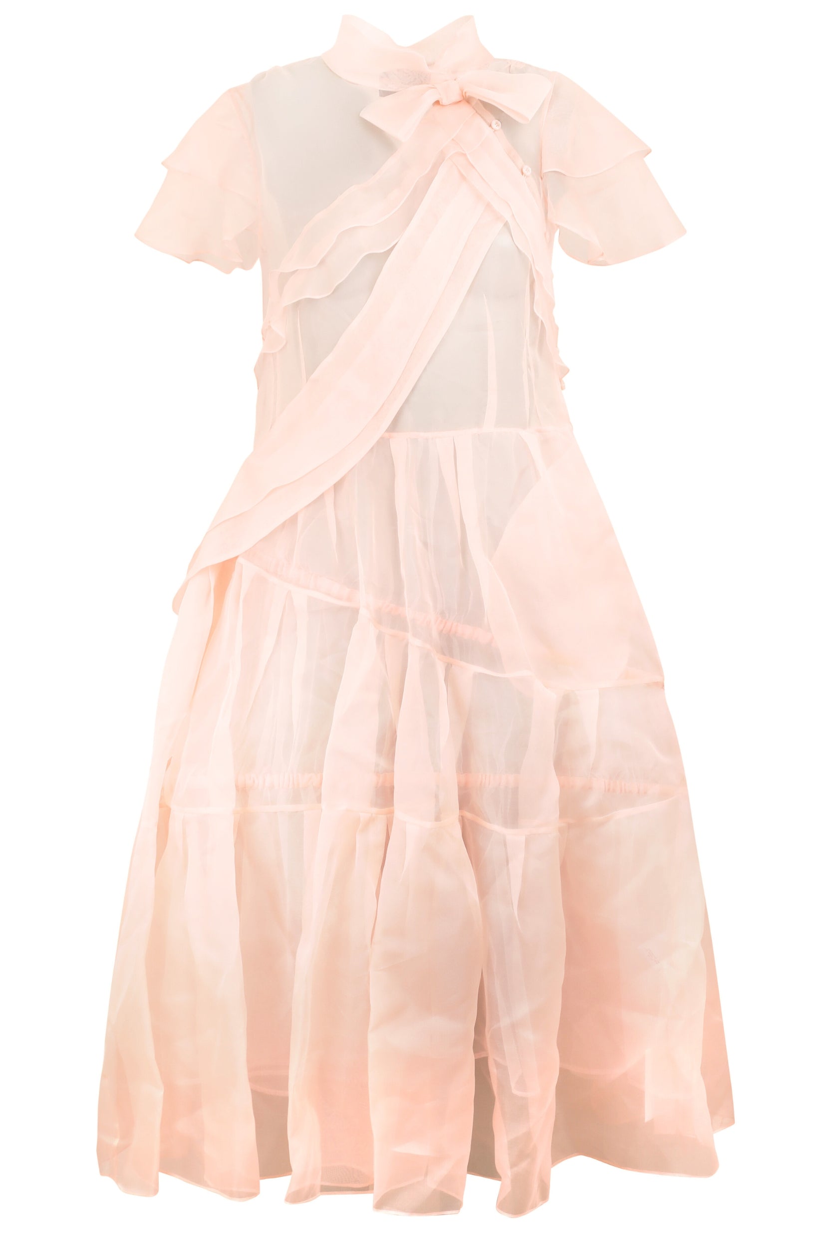 SHEER BOW SASH SPLIT HOOP FLOUNCE DRESS PALE PINK