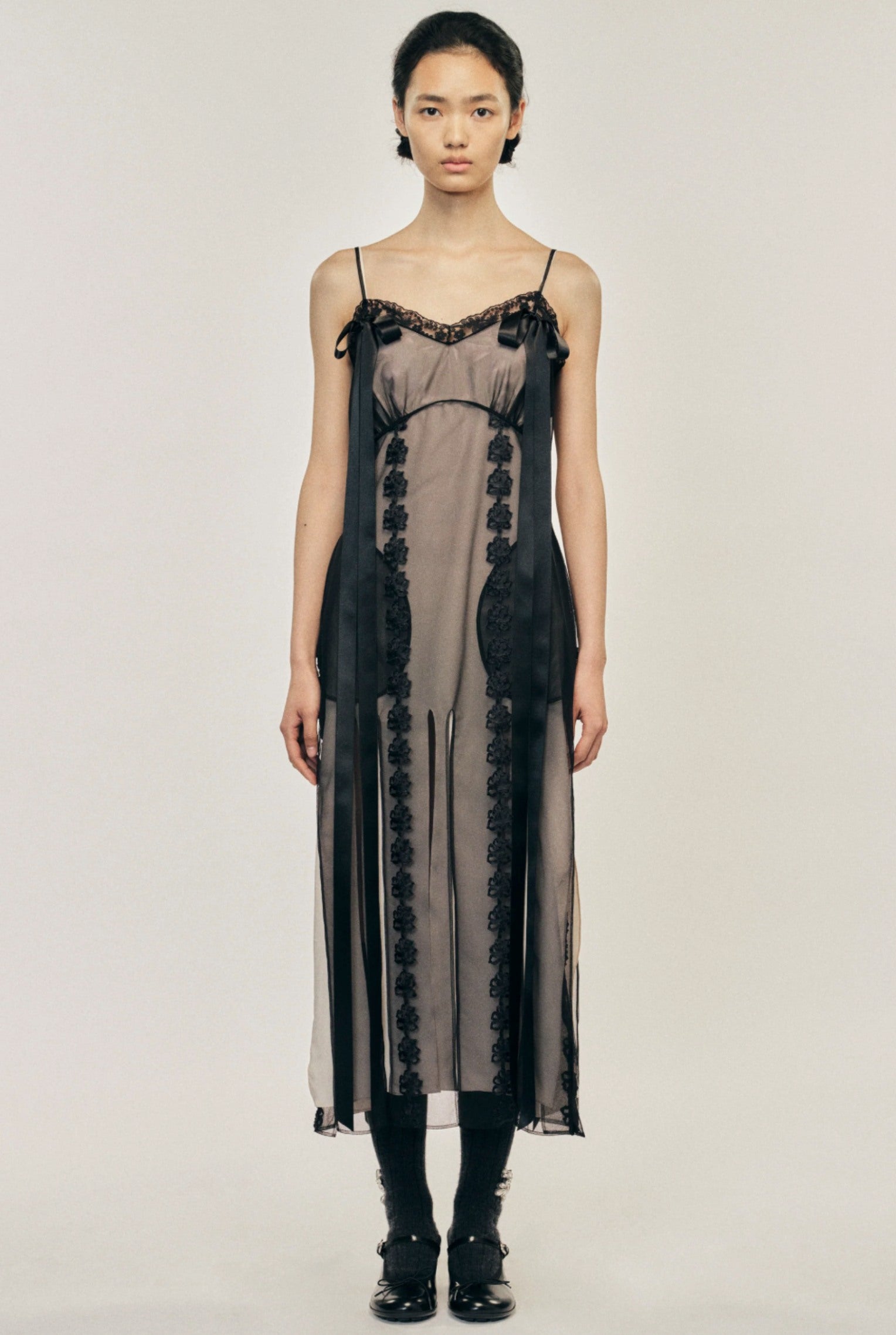 LAYERED RIBBON CHAIN MULTI SLIT SLIP DRESS