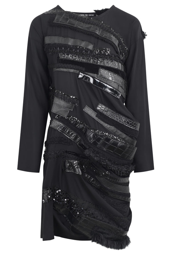 JERSEY/SATIN PATCHWORK PUFF SLEEVE T-SHIRT