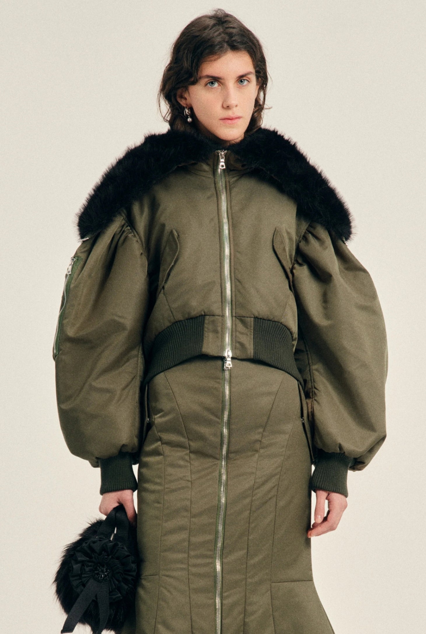 CROPPED SPLIT FAUX FUR HOOD BOMBER JACKET