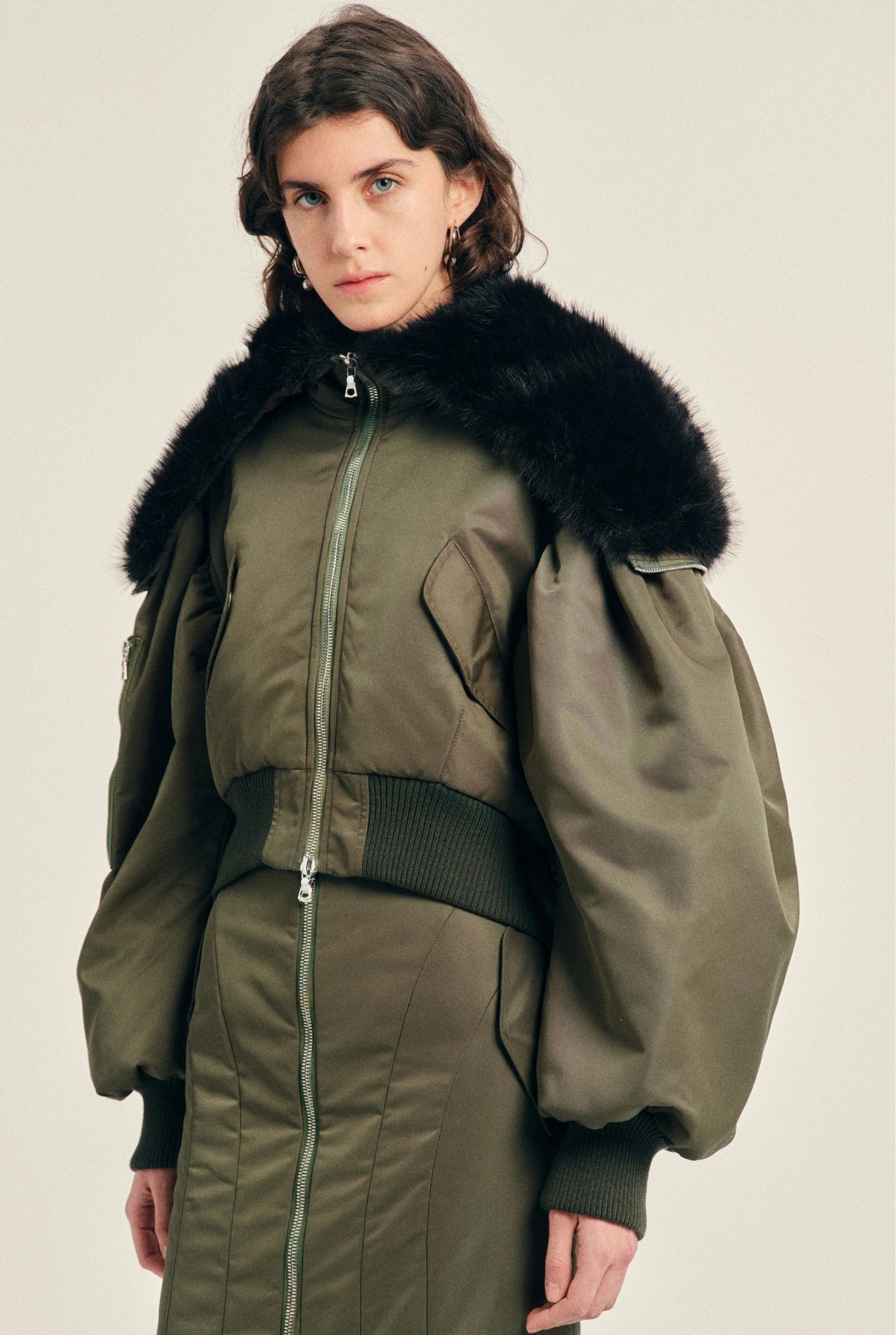 CROPPED SPLIT FAUX FUR HOOD BOMBER JACKET