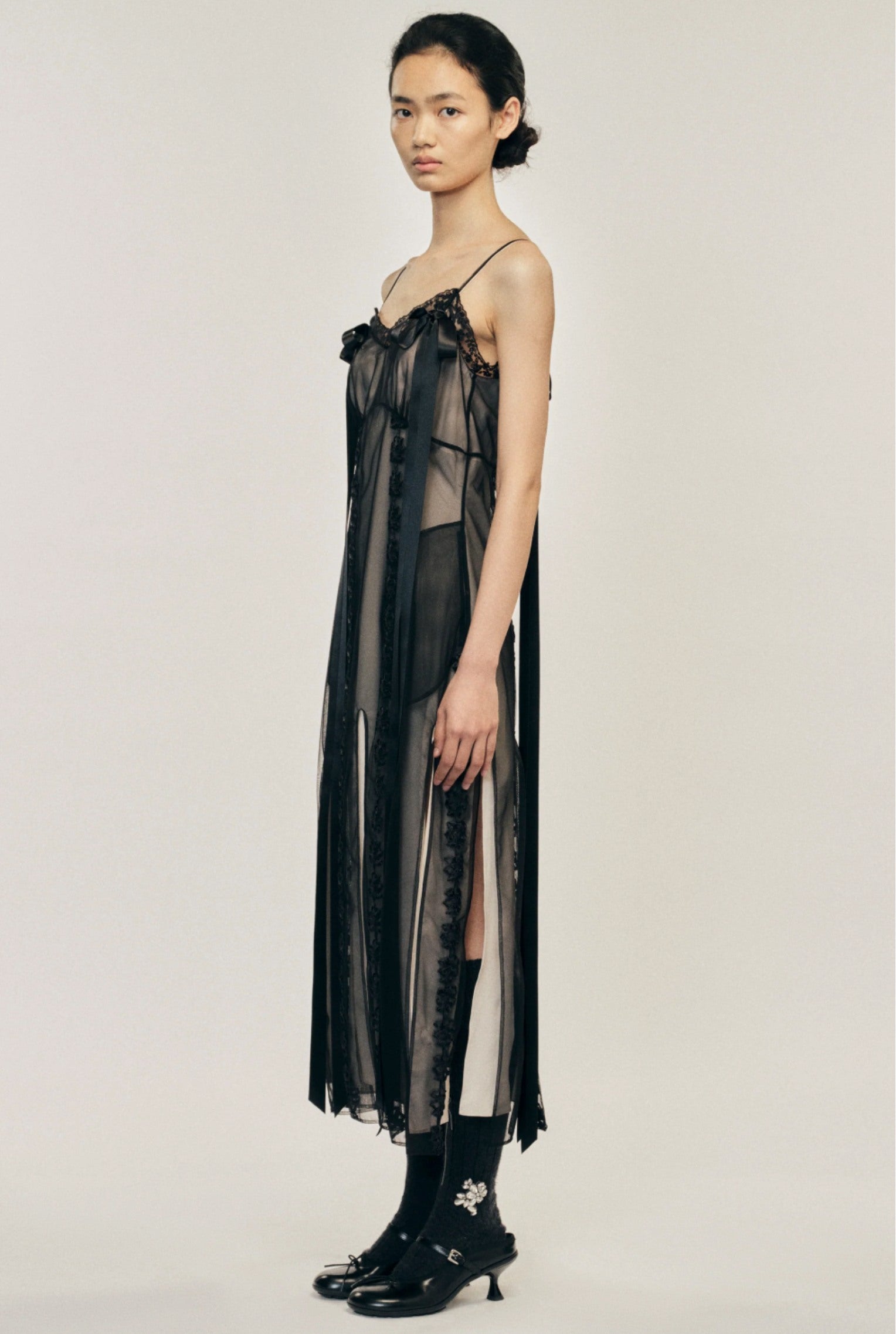 LAYERED RIBBON CHAIN MULTI SLIT SLIP DRESS