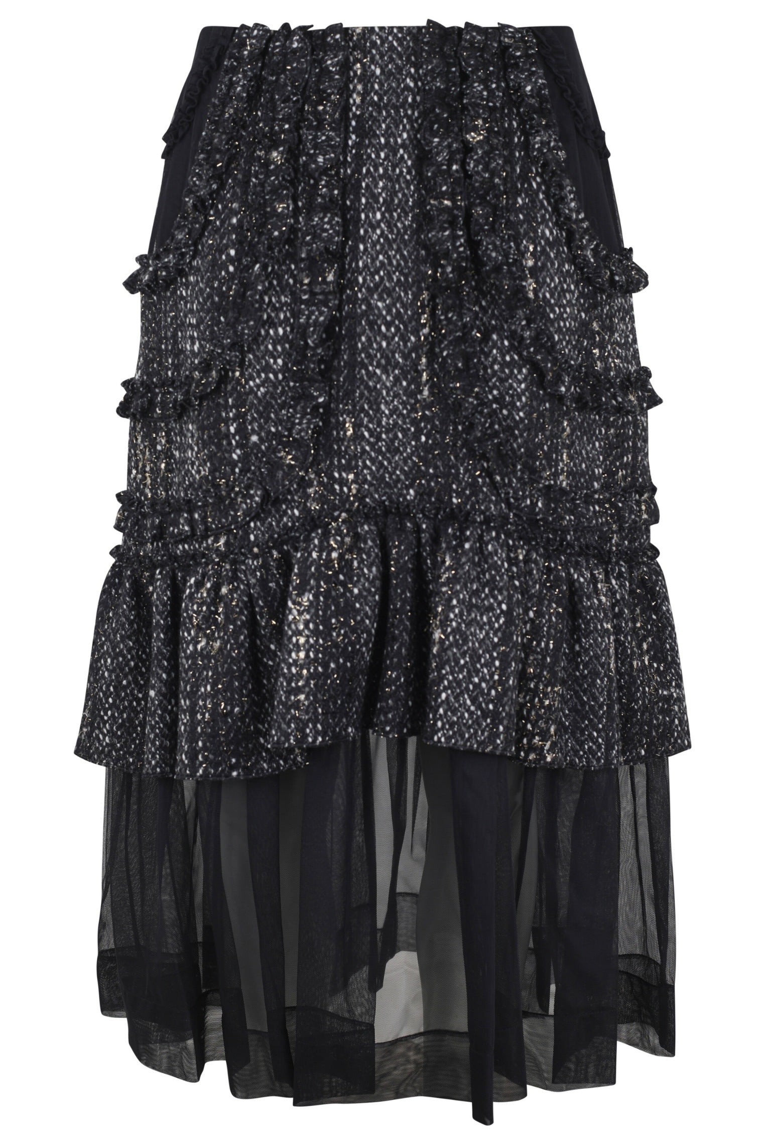 MULTI FRILL PATCHWORK FRAY SKIRT