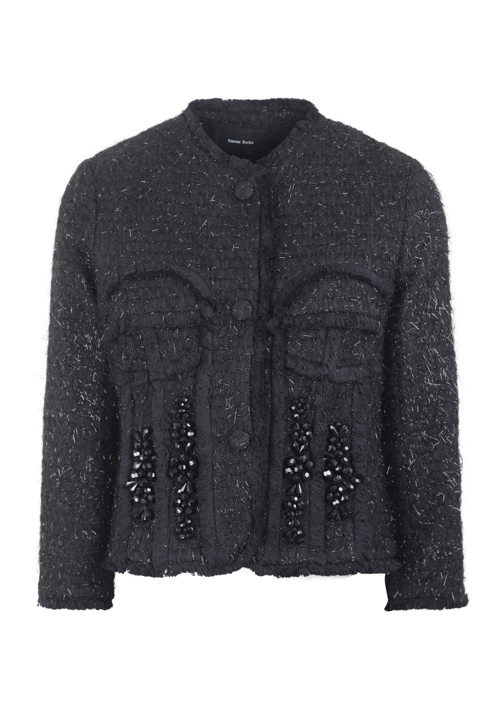 SCULPTED BUST DETAIL FRAY JACKET W/ EMB