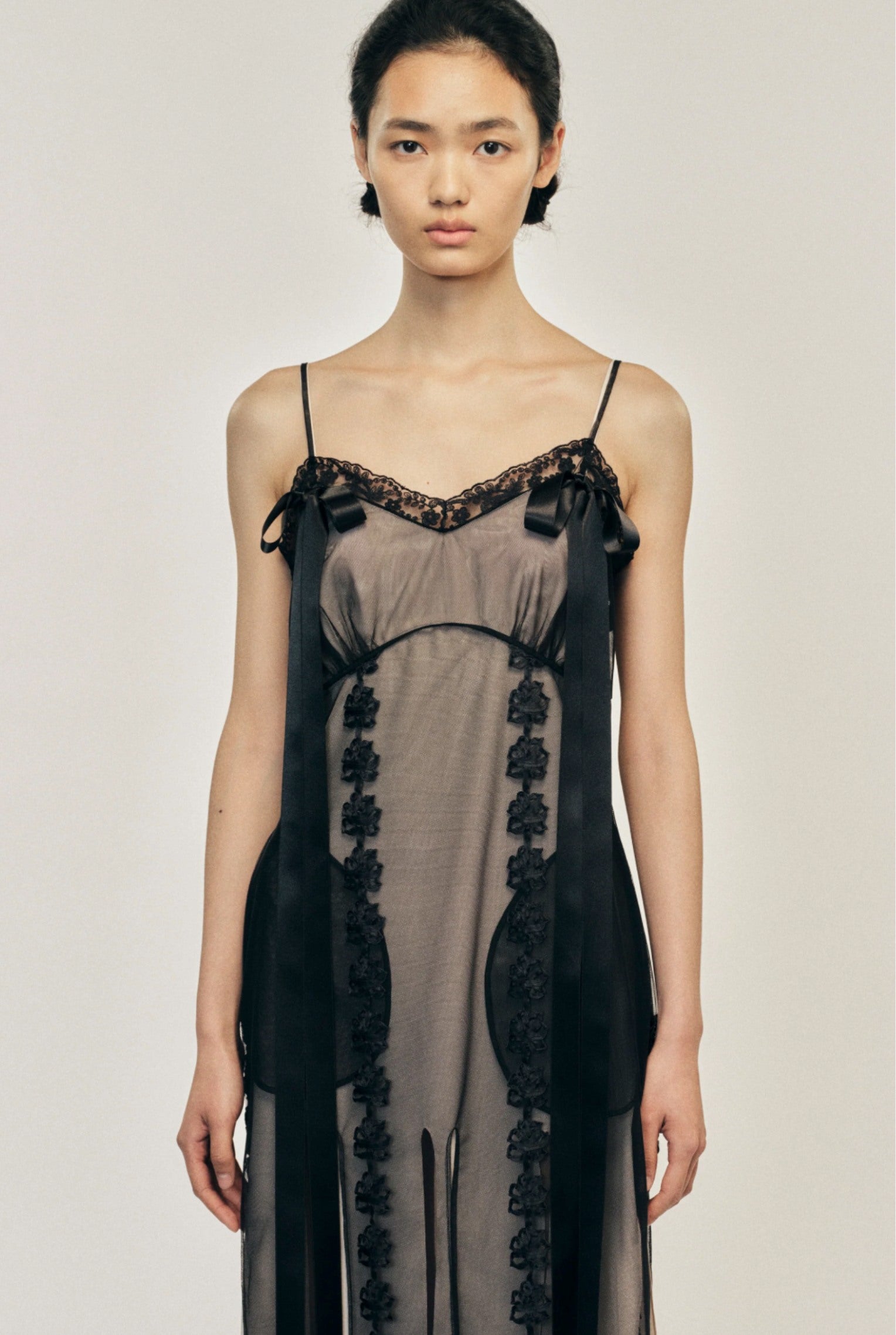 LAYERED RIBBON CHAIN MULTI SLIT SLIP DRESS