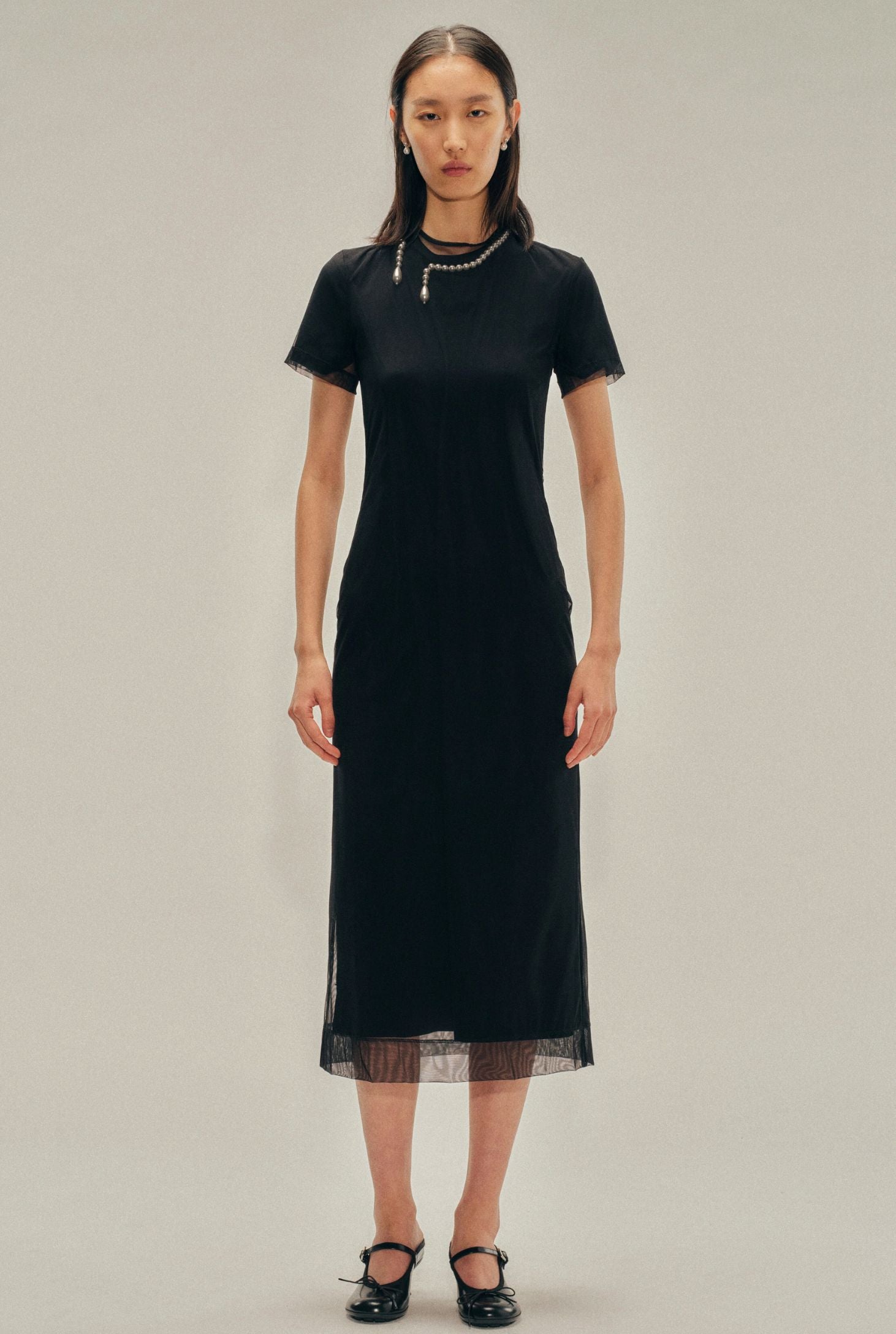 LAYERED LIQUID DRESS W/ EMBELLISHMENT