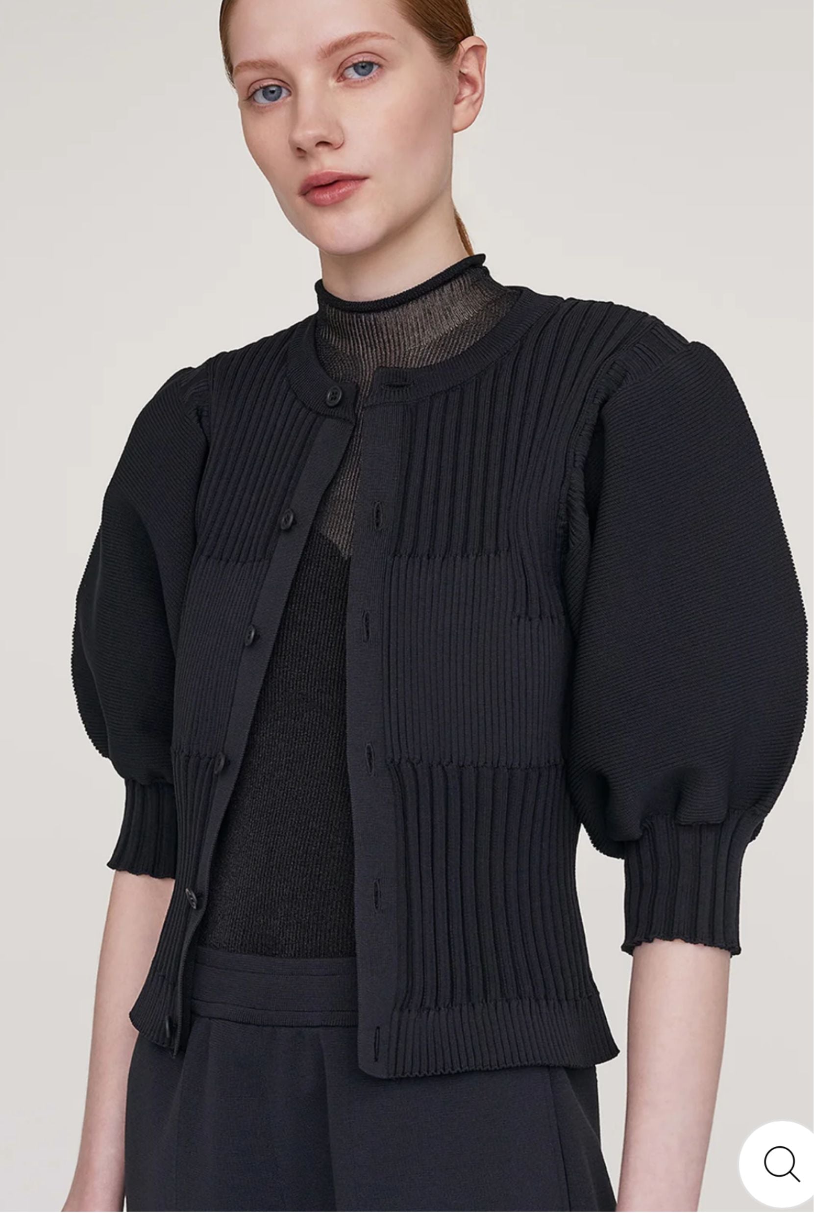 Fluted Short Puff Sleeve Cardigan