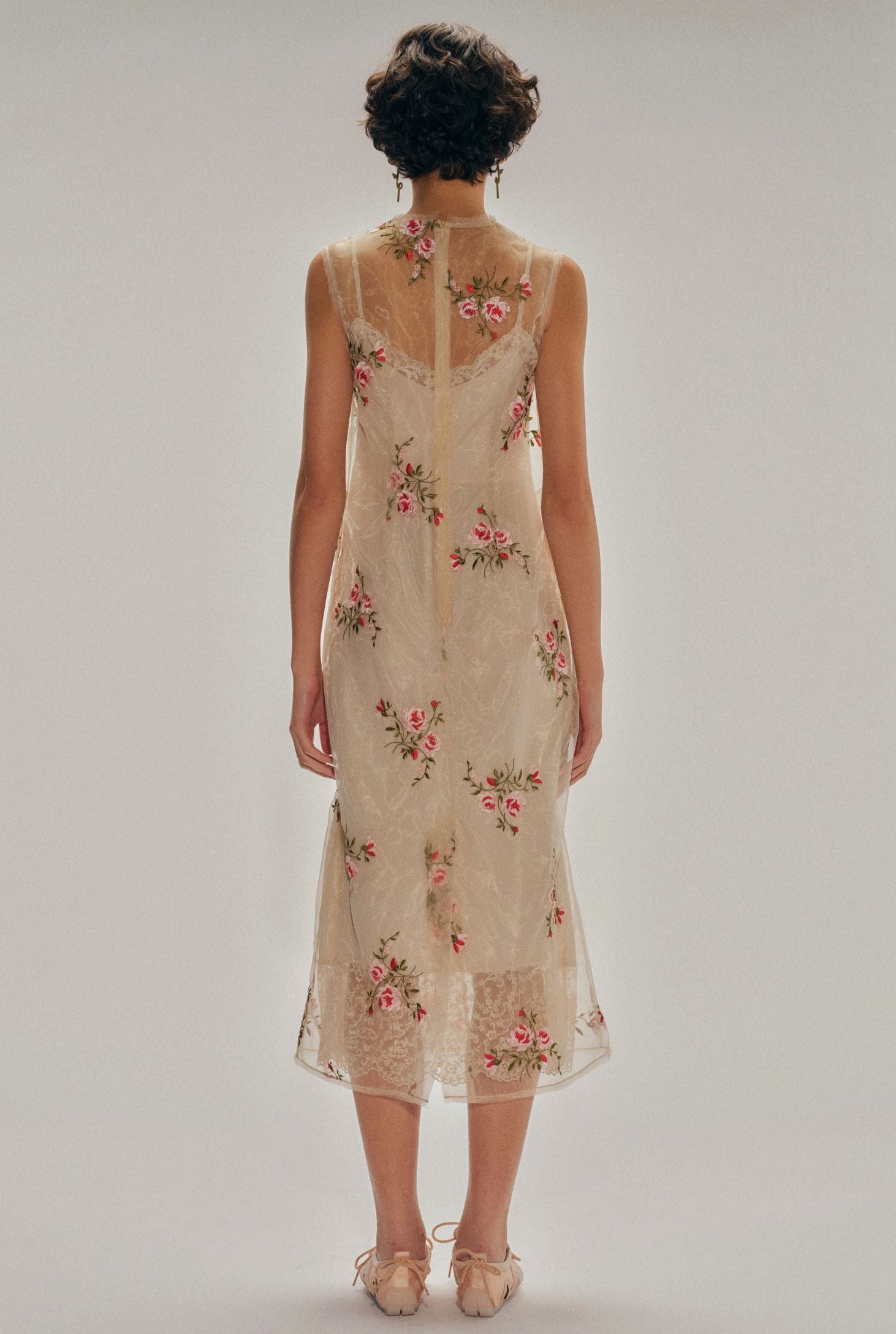 SHEER FRAYED CONTOUR DART DRESS NUDE FLORAL