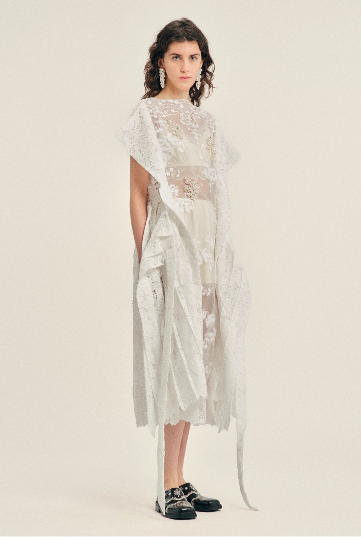 PLEATED SHEER PANEL FLARE DRESS W/ EMB
