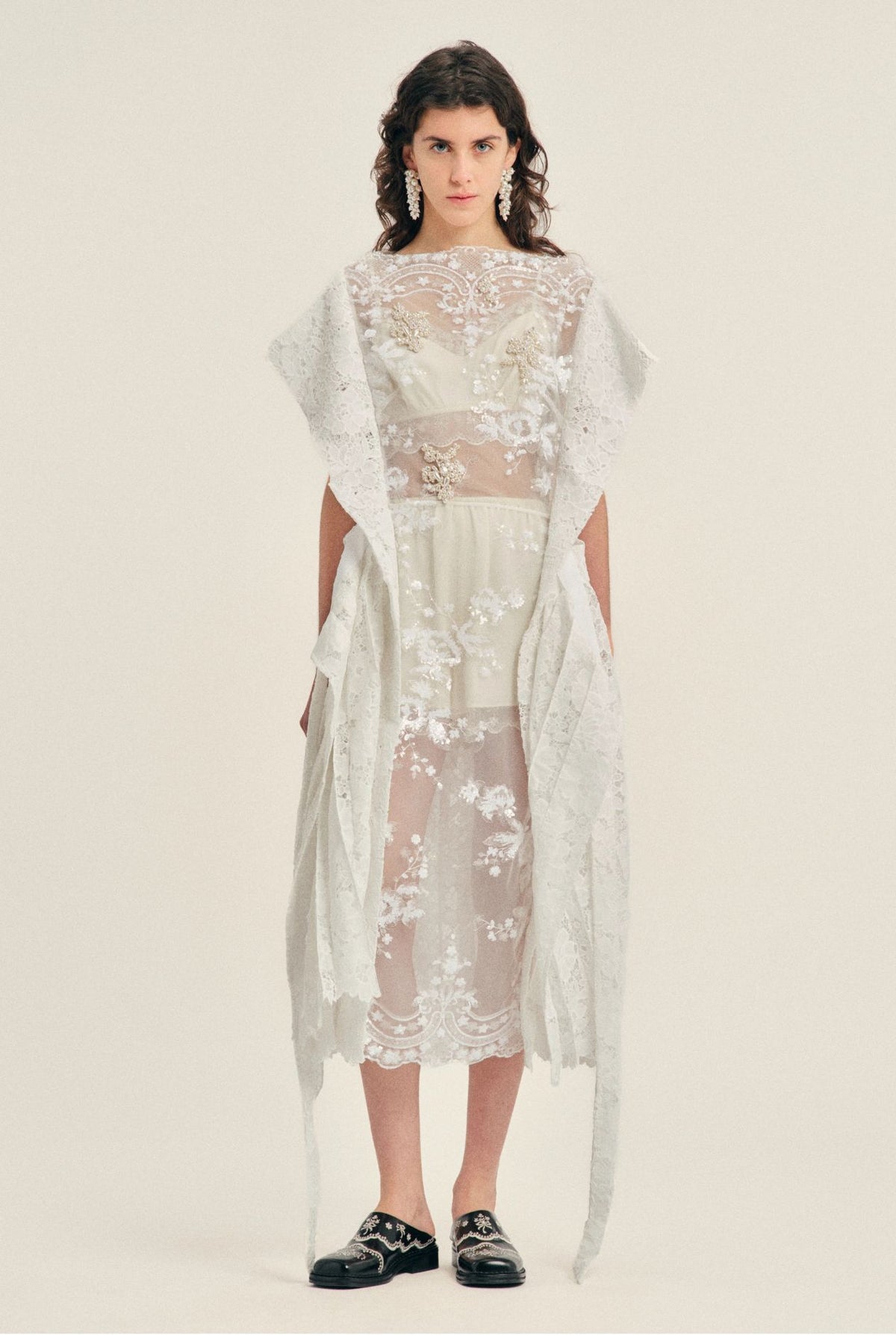 PLEATED SHEER PANEL FLARE DRESS W/ EMB