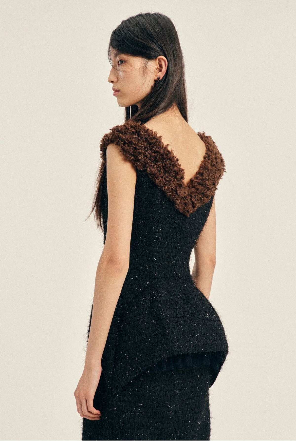 FAUX FUR DETAIL PORTRAIT DRESS W/ EMB