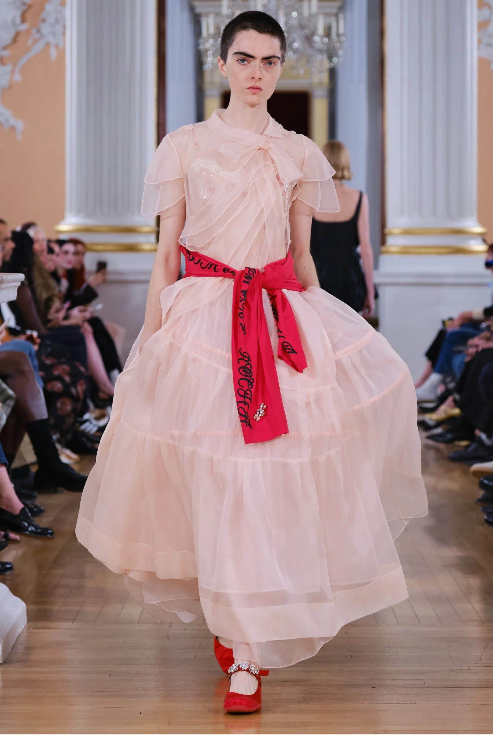 SHEER BOW SASH SPLIT HOOP FLOUNCE DRESS PALE PINK