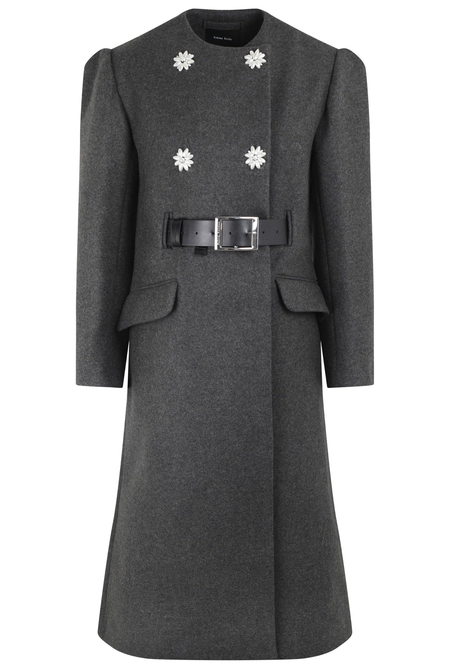 BELTED LONG SCULPTED COAT W/ PEARL BUTTONS
