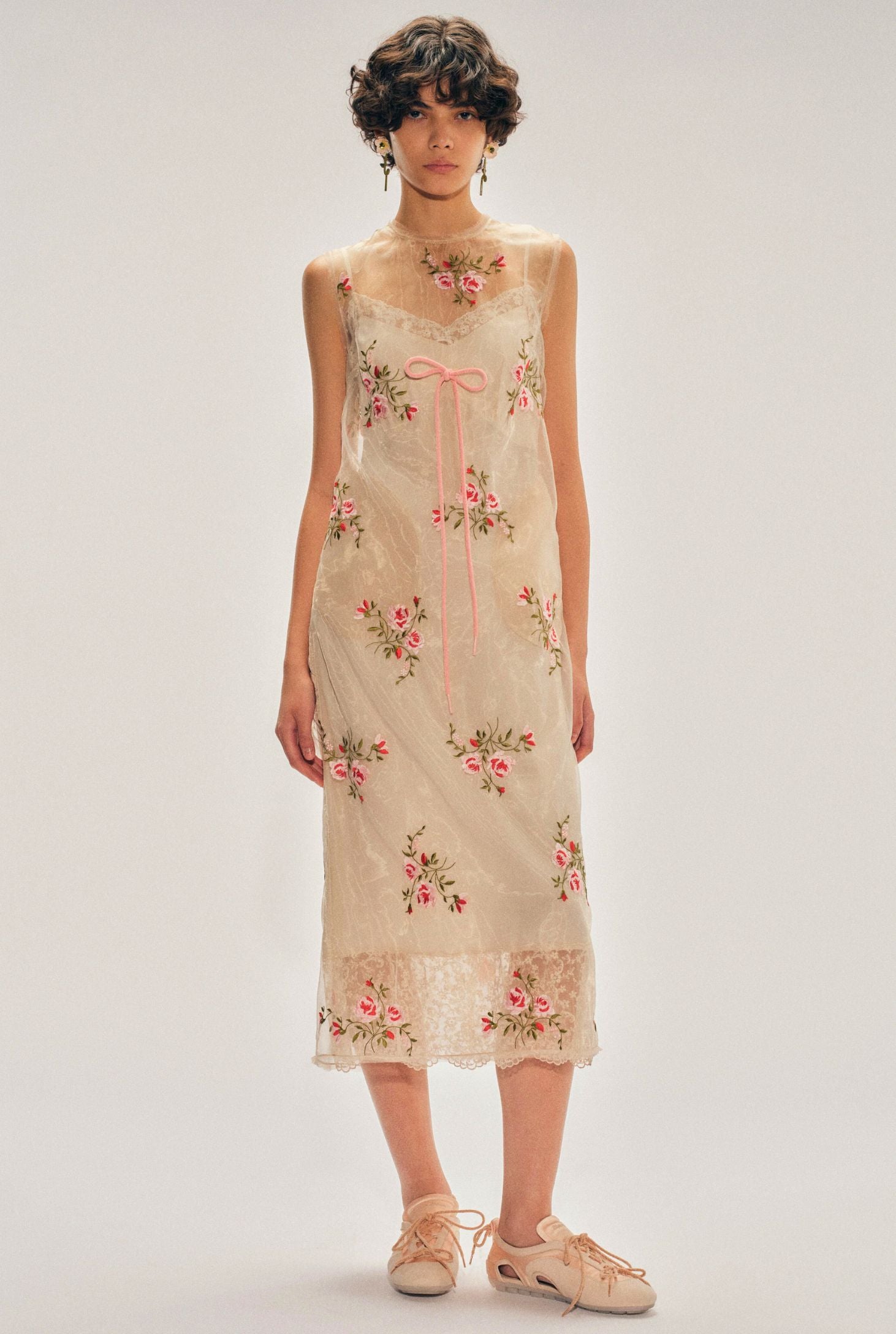 SHEER FRAYED CONTOUR DART DRESS NUDE FLORAL
