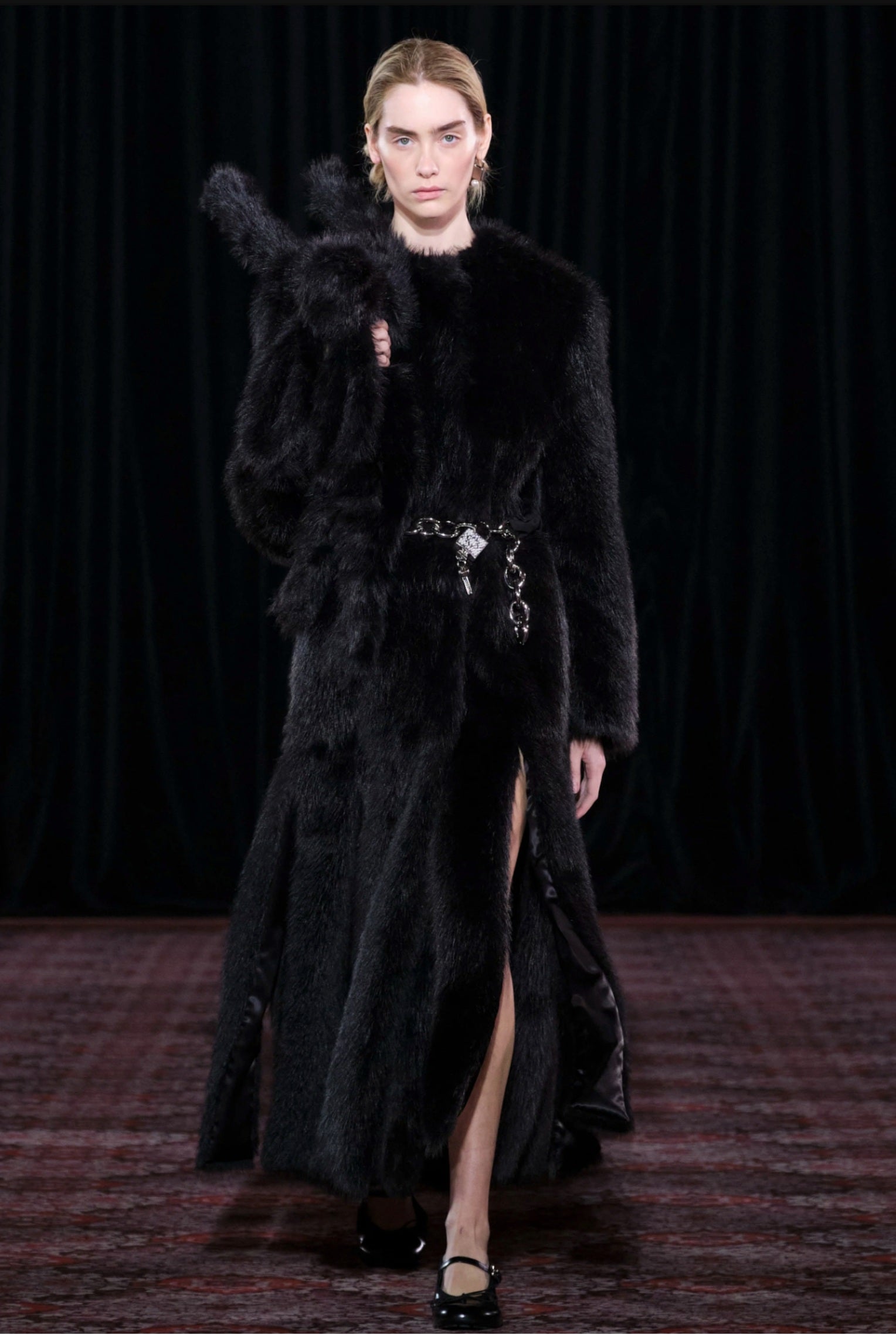 FAUX FUR BELTED LONG MULTI SLIT COAT