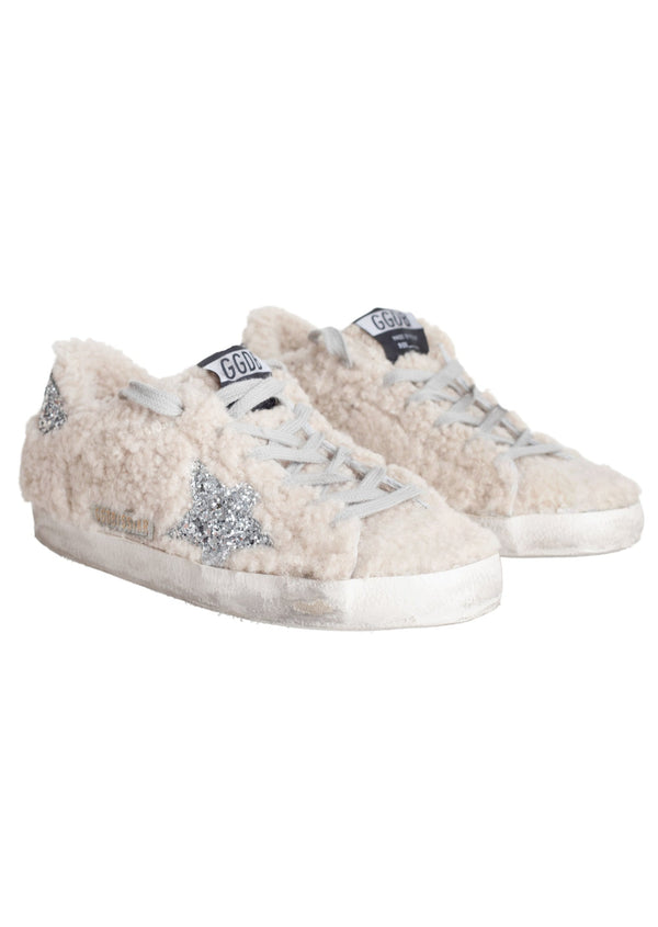 Beige Silver Shearling Superstar Sneakers